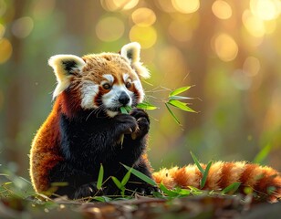 A red panda sitting and chewing fresh green bamboo leaves with both paws, cute fluffy face