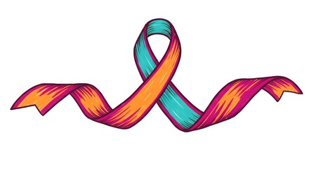 Colorful ribbon illustration with orange, magenta, and turquoise hues, curled and flowing