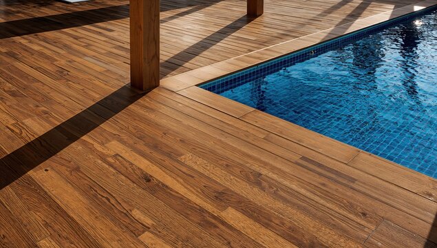 Wooden planks arranged in a tiled pattern on a hardwood pool deck with sunlight glistening on the water