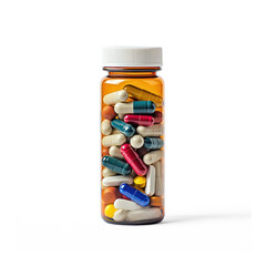 A bottle of vitamins with pills neatly organized by day in a weekly pill organizer. full length isolate on transparent background