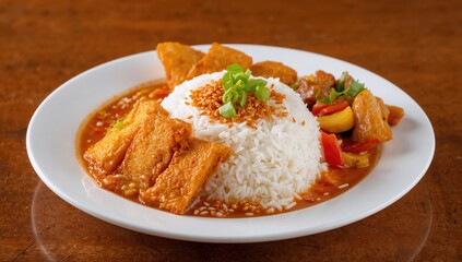 Rice and curry dish featuring tofu, stir-fried veggies, and meat