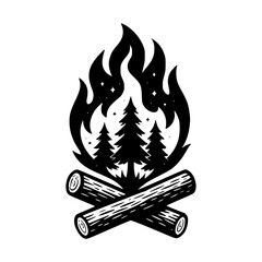 Campfire Illustration Nature, Trees, and Firewood in a Classic Black and White Design