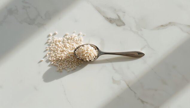 Top view of a spoon filled with puffed rice on a white surface