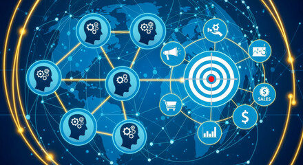 Marketing target audience and sales strategy concept, digital illustration of customer targeting with business icons on global network and world map background
