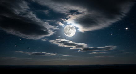 Copy space night scene dark blue night sky with stars, moonlight, clouds, full moon background