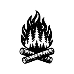 A Campfire Scene with Trees and Night Sky Inside the Flames Illustration