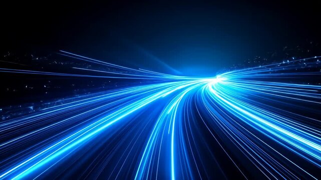 Glowing blue lines converging to bright light on a dark blue background