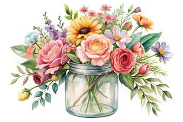 Beautiful watercolor bouquet of summer flowers in a clear glass jar on white background