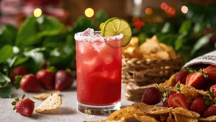 Cocktail featuring strawberry margarita with lime and crushed ice accompanied by tortilla chips