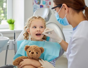 Dentist examining a 5-year-old child holding teddy bear in modern dental clinic