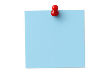 Blue sticky note post-it with red push pin, reminding important message, transparent background, blank memo