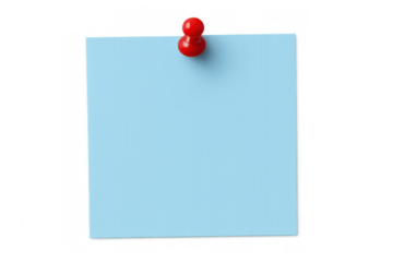 Blue sticky note post-it with red push pin, reminding important message, transparent background, blank memo