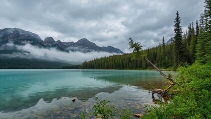 Stunning alpine landscape viewed from a serene lake on a chilly, overcast, and rainy early summer day.