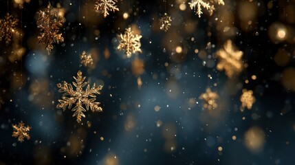 Golden snowflakes on dark blue background festive winter design