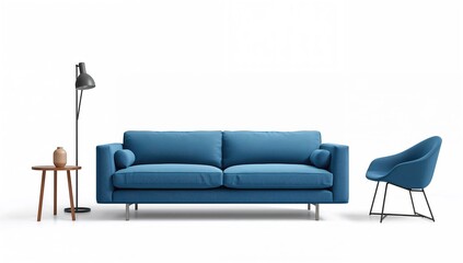 Depiction of a blue cloth couch against a plain white background, with the lamp, small table, and single chair removed.