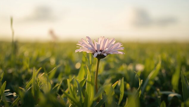A solitary white and pink daisy blossoming from the soil