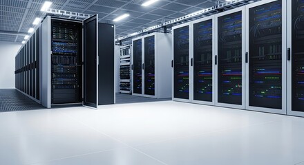 A modern data center with rows of servers and racks, illuminated by overhead lights.
