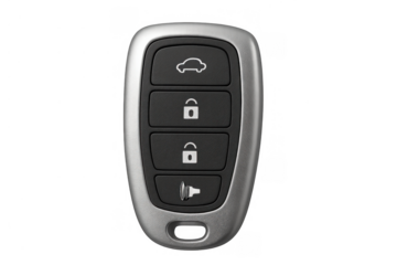 Remote car key fob with buttons for locking, unlocking, and trunk access, keyless entry technology
