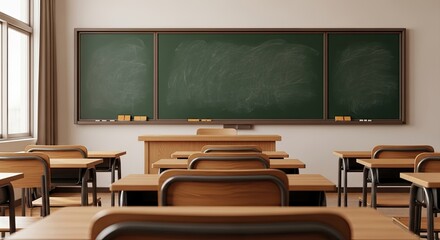 A classroom with desks and chairs, a blackboard, and a window.