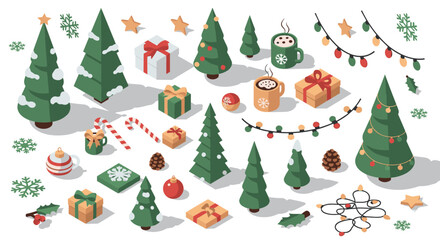 Festive holiday elements with christmas trees and gifts in isometric design