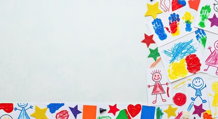 Children's drawings and crafts on a white background.