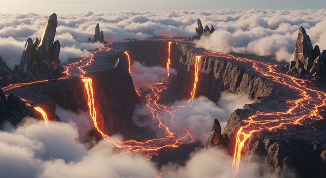 Dramatic scene of lava flows carving canyons through rock formations above fluffy clouds - Powered by Adobe