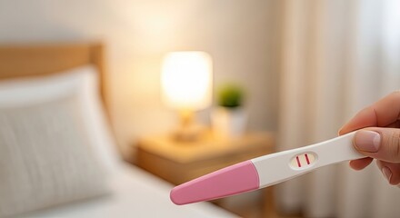 A hand holding a positive pregnancy test in a bedroom setting.