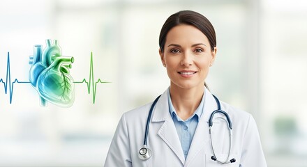 A smiling healthcare professional in a white coat with a stethoscope, standing in a modern, bright office with a green and blue heart diagram in the background.
