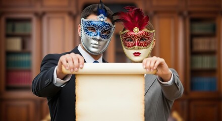 Two masked individuals in a library, holding a scroll.