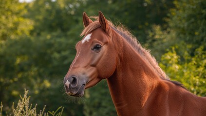 Obraz premium Close-up portrait of a stunning young chestnut stallion with a natural backdrop
