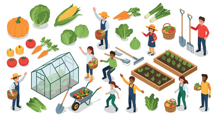 Community gardening isometric concept with diverse farmers and fresh harvest vegetables