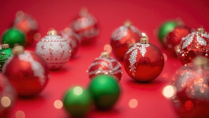 Close-up of colorful toy Christmas ornaments on a vibrant backdrop