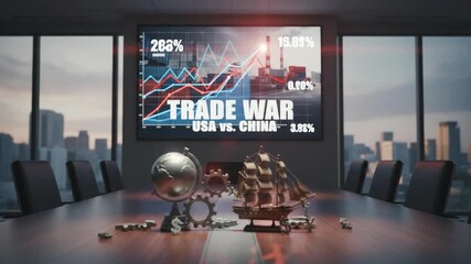 Charts display significant trade data between the USA and China, revealing trends in tariffs and economic impacts. The setting emphasizes business strategy - Powered by Adobe