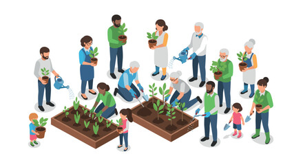 Community gardening activity with diverse group in isometric style