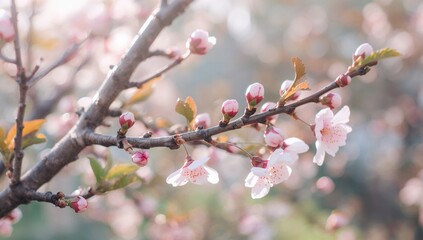 Early spring unopened flower buds of Prunus Kanzan cherry tree