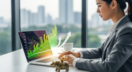 Asian businesswoman analyzing stock market data on laptop with rising green graph, financial investment and trading concept with bull figurine on desk