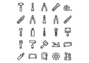 Vector Hardware Tools and Icons, Black & White Outline Workshop Icons, Essential Hand Tools Iconography Set