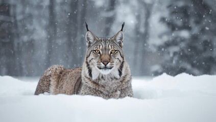 Wildcat resting on snowy ground