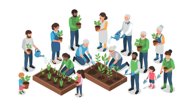 Community gardening activity with diverse group in isometric style