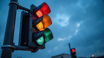 Traffic light with red, yellow, and green signals illuminated against cloudy sky, symbolizing road safety and traffic control