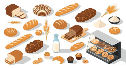Isometric bakery collection: fresh bread, pastries, and baking ingredients display