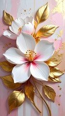 Elegant white blossoms with gold-leaf foliage against a soft pink & gold abstract background