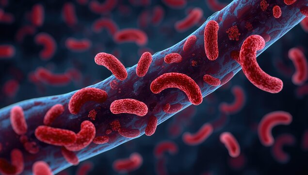 Diagram showing sickle-shaped cells flowing through blood vessels, illustrating sickle cell disease.
