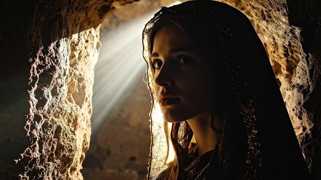 A woman in a tomb with light beaming down on her face