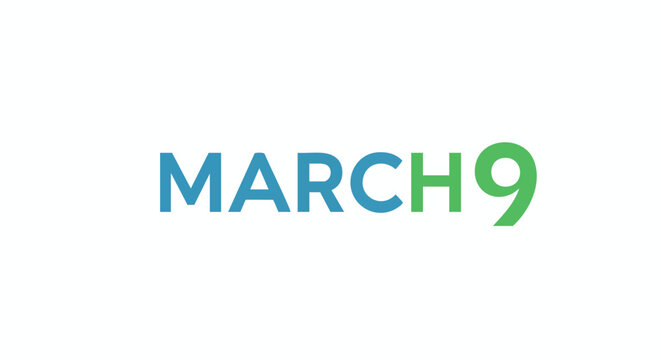 March 9th Text Isolated on White Background in blue and green colors, Simple calendar date text for banner or marketing design concept March 9