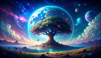 A vibrant, stylized illustration of a celestial island