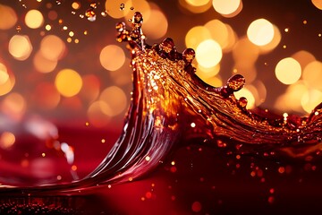Illustration of close up shot of a splash of red wine with golden bokeh lights in the background