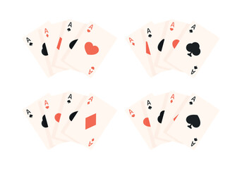 Four aces of different suits together on a white background. A set of cards: Four of a Kind Aces