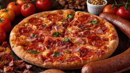 Steaming pepperoni pie with bacon, tomatoes, ham, and gooey cheese on a dark surface