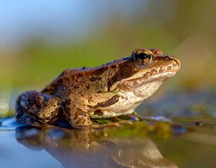 A close-up shot of a frog, poised on the edge of a puddle, with natural background